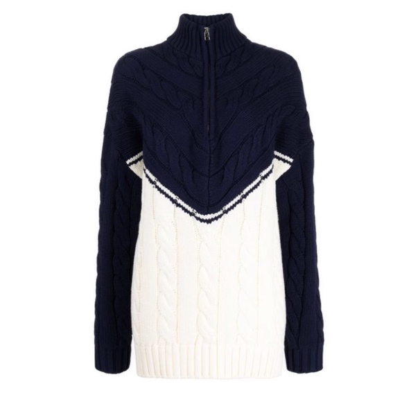 STAUD Hampton Half Zip Cable Knit Long Sweater Knit - Navy/Ivory Casual Two Tone - Picture 5 of 10